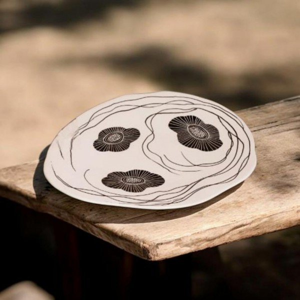 Platter anemones black handmade  handpanted ceramic 34x27x4