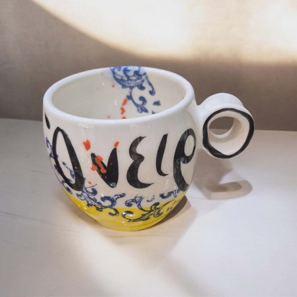 Mug handmade handpainted clay 9cm