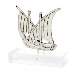 Two Masted Latini  sailboat ship silver plated brass on acrylic base 8x8x2.5cm