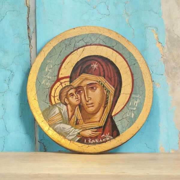 Εικόνα Παναγιά & Χριστός αυγοτέμπερα σε παλαιό ξύλο 12x2cm
