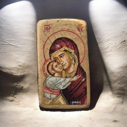 Εικόνα Παναγιά & Χριστός αυγοτέμπερα σε παλαιό ξύλο 17x10x2.5cm