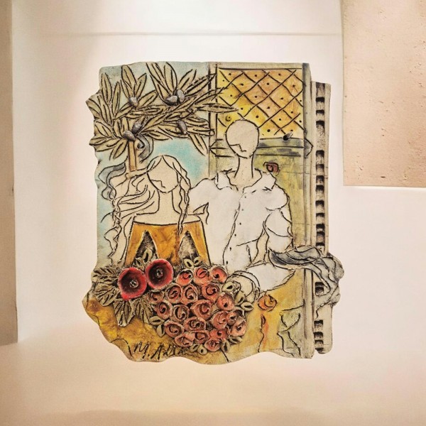 Επιτοίχιο γλυπτό ζευγάρι με ελιά από πηλό stoneware  28Yx23 cm