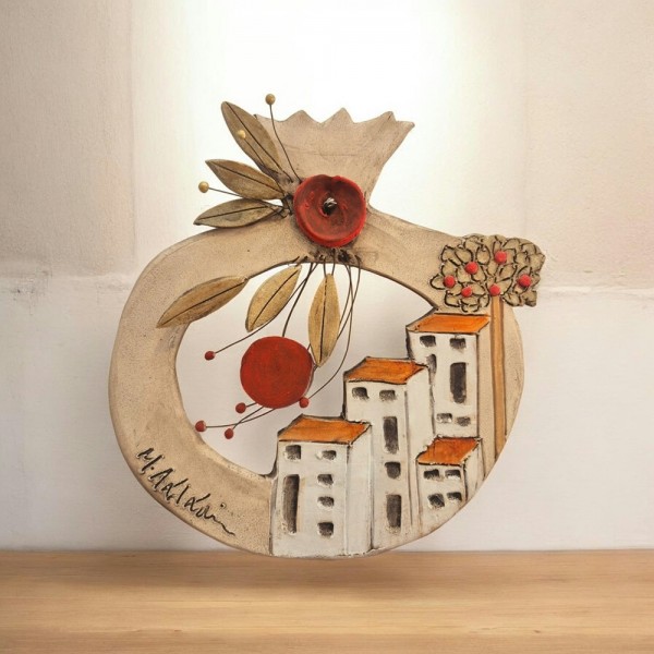 Επιτοίχιο ρόδι με σπίτια & ροδιά κεραμικό stoneware 28x25cm