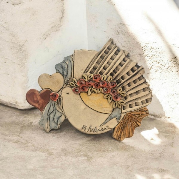 Επιτοίχιο πουλί με διπλές καρδιές  πηλός stoneware 21.5x26cm
