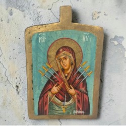 Εικόνα η Θαυματουργή Παναγία Επτάσπαθη αυγοτέμπερα σε παλαιό ξύλο 22x14.5x2.5cm